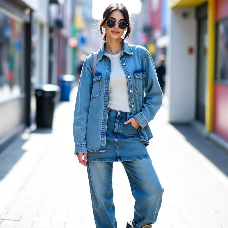 Woman wearing a Gen Z double denim outfit with light wash denim and simple accessories