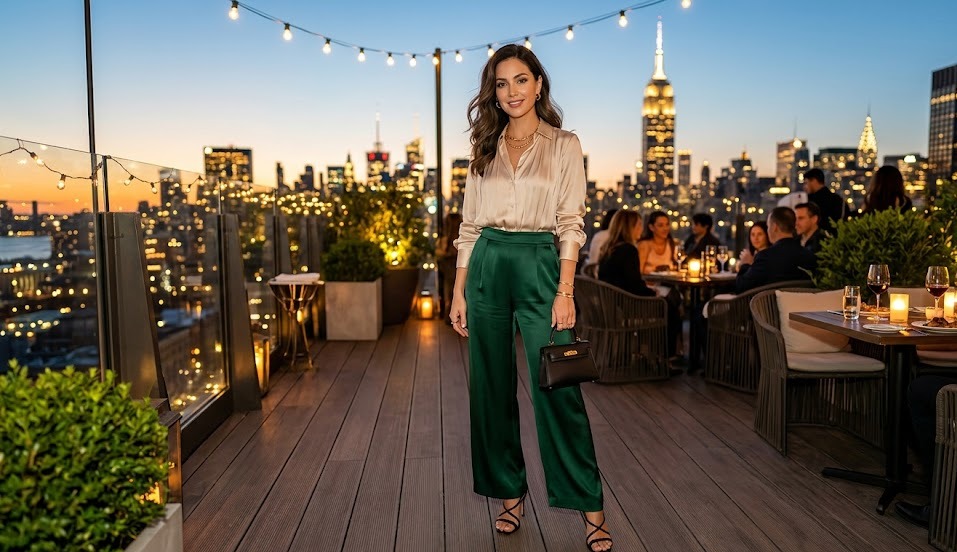 woman wearing an elegant Dubai dinner outfit with satin texture and polished evening accessories