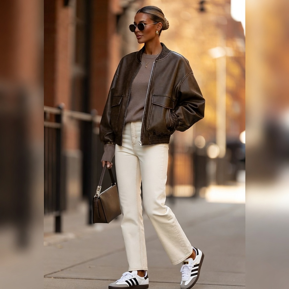 Woman wearing ecru jeans with a brown leather bomber jacket and Adidas Gazelles