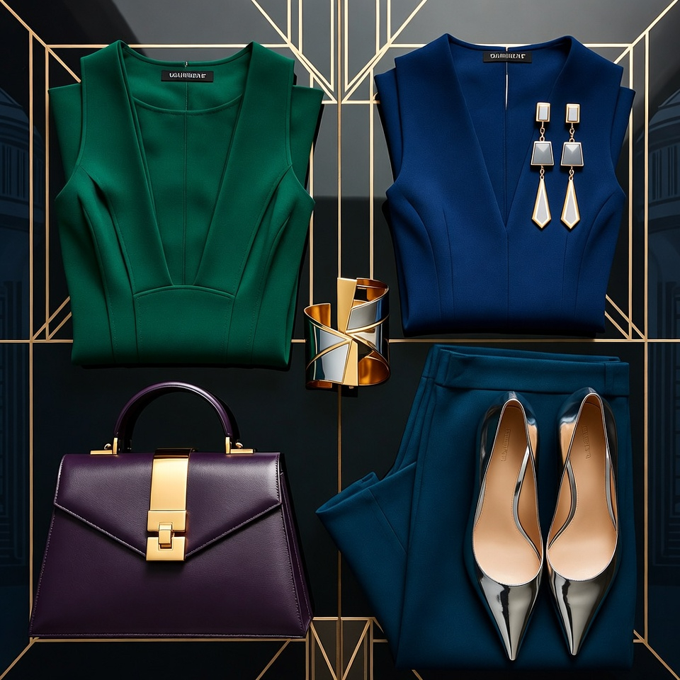 Art Deco inspired fashion flat lay with jewel tones, metallics, and structured accessories