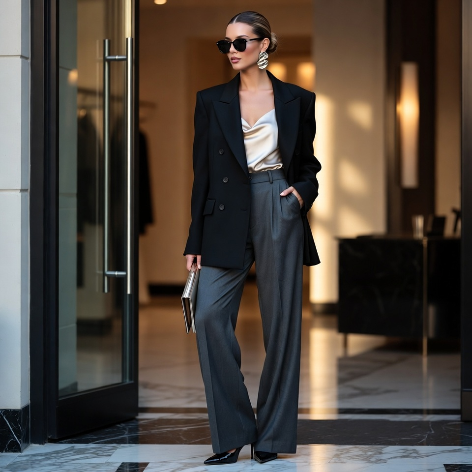 Woman wearing a double-breasted blazer with satin camisole and wide-leg tailored trousers