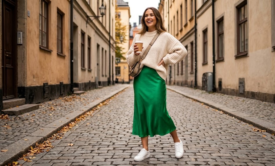 green satin skirt outfit ideas for women second styling look