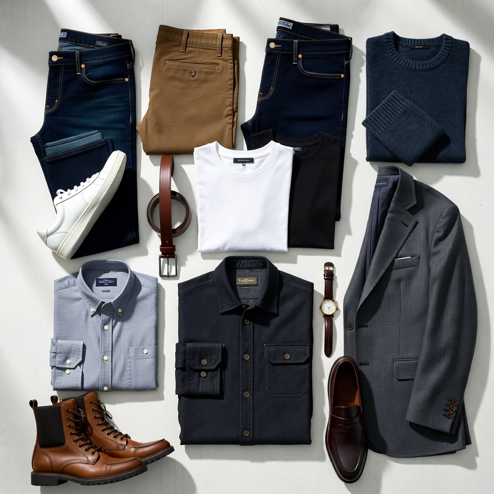 Men’s wardrobe basics laid out with jeans, shirts, jacket, sneakers, boots, and blazer