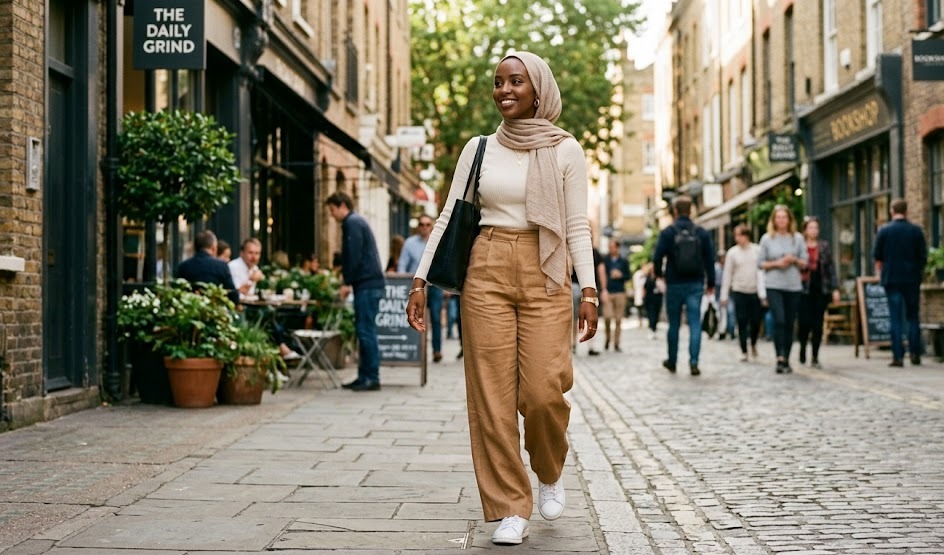 woman wearing a casual modern hijab outfit with wide-leg trousers knit top and soft neutral hijab