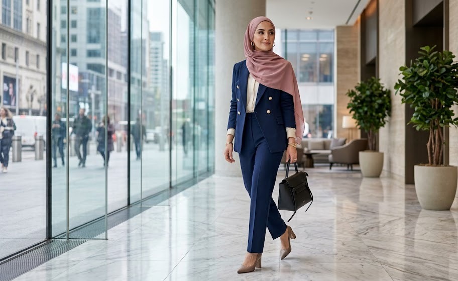 elegant woman in a classy hijab outfit with tailored blazer trousers and polished accessories