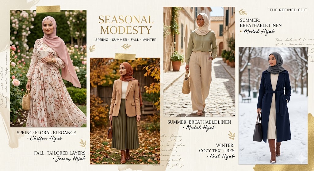 stylish seasonal hijab outfit inspiration showing elegant modest looks across different weather