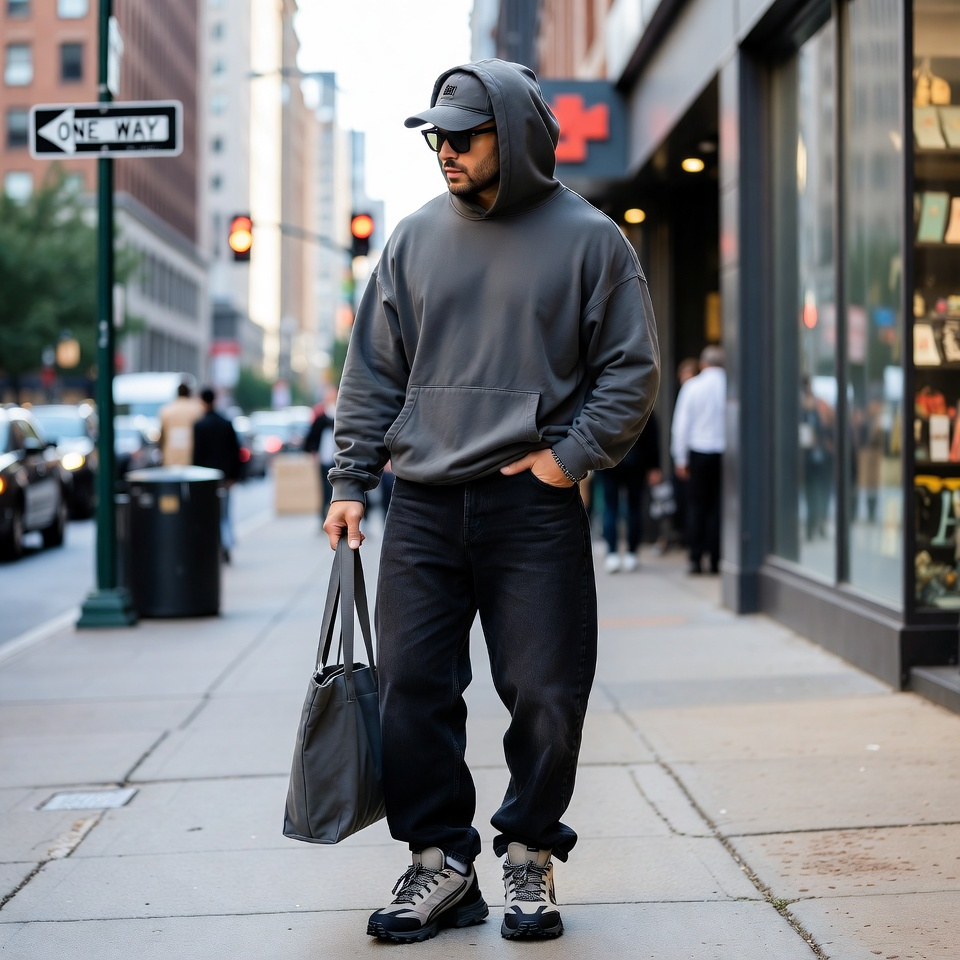 Man wearing a gray hoodie with slouchy black jeans and hiking sneakers in a street style outfit