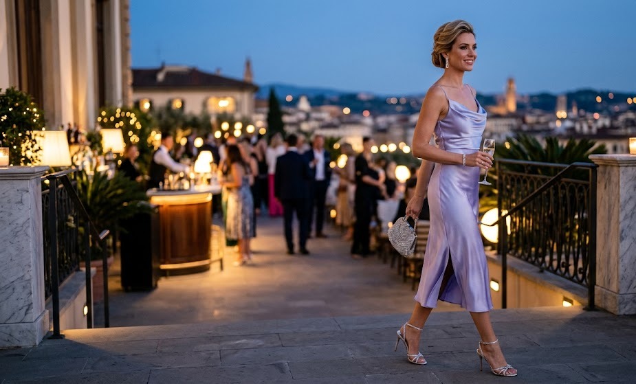 elegant icy lavender evening outfit with satin dress and silver heels