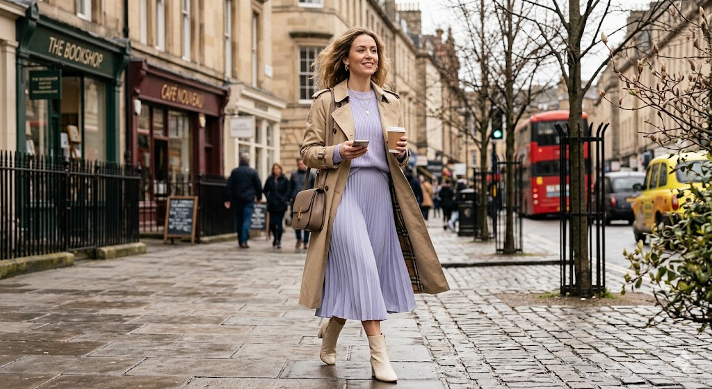 layered icy lavender early spring outfit with trench coat and city styling