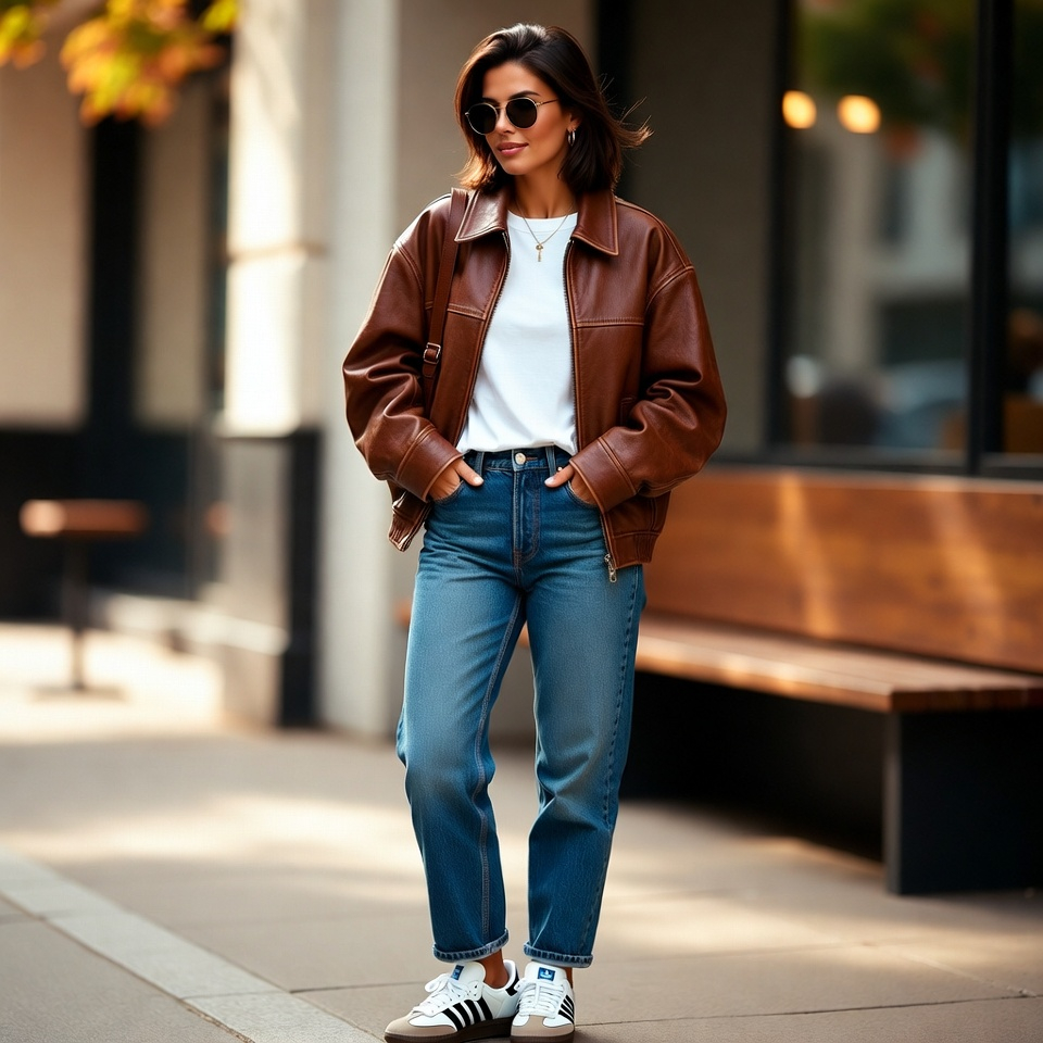 Woman wearing straight-leg jeans, white T-shirt, brown leather jacket, and Adidas Sambas