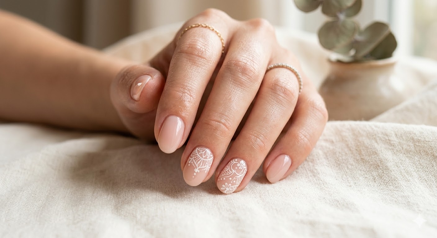 Nude pink manicure with delicate white lace-inspired nail art  image category: fashion-forward romantic nails