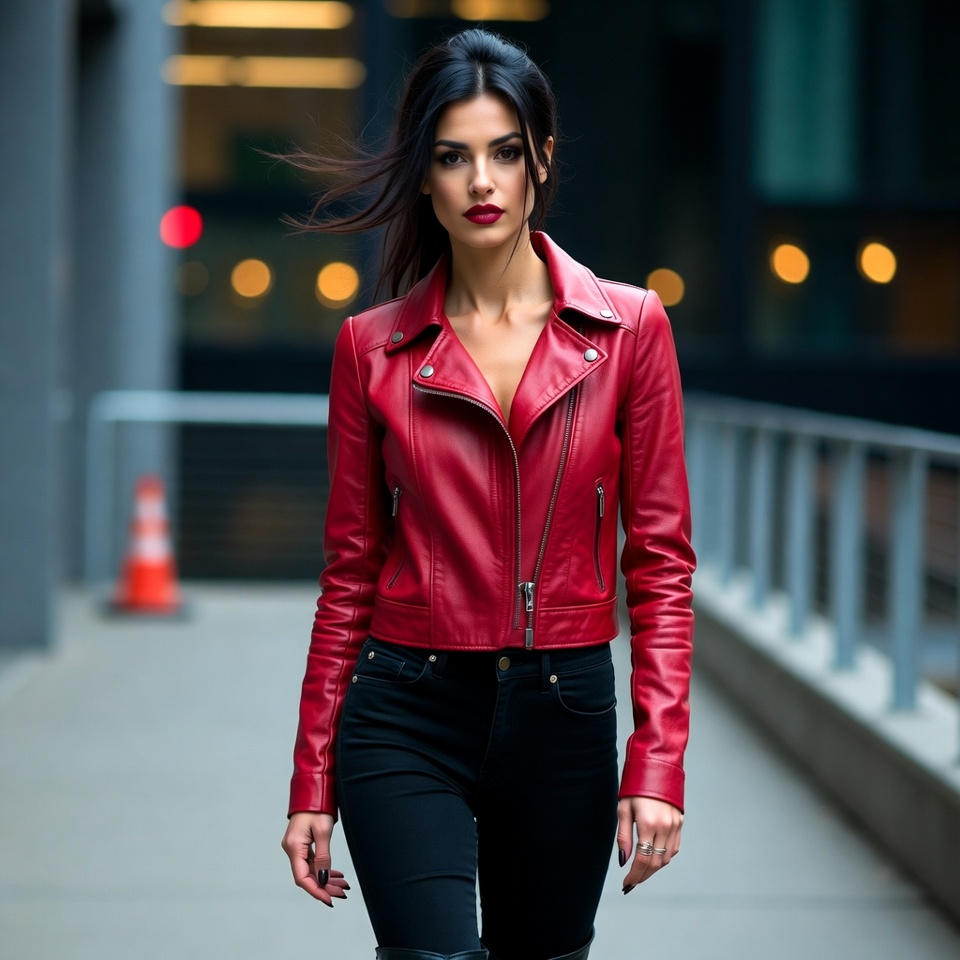 Woman wearing a lava red leather jacket with black jeans and boots  image category: edgy fashion
