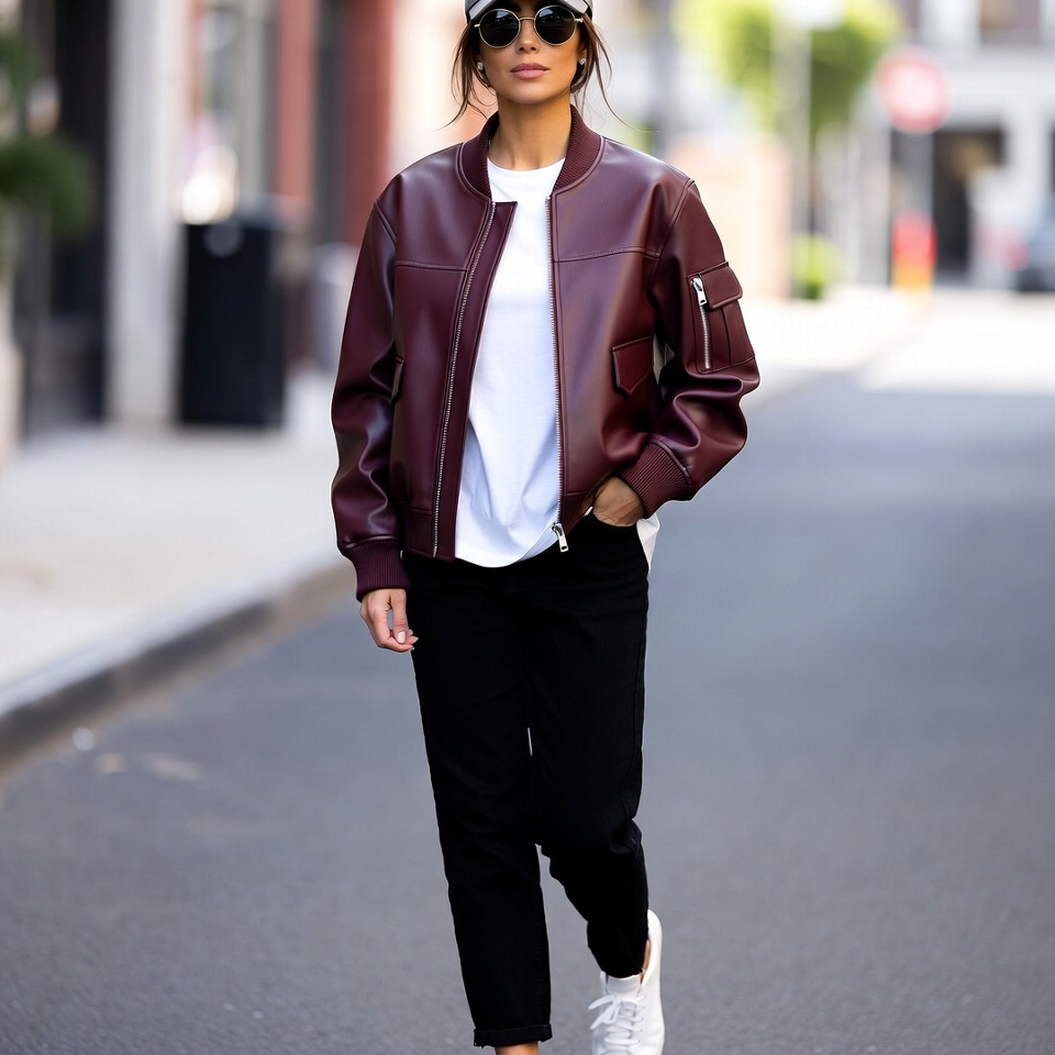 Woman wearing a leather bomber jacket with white T-shirt and black pants in a modern Americana outfit