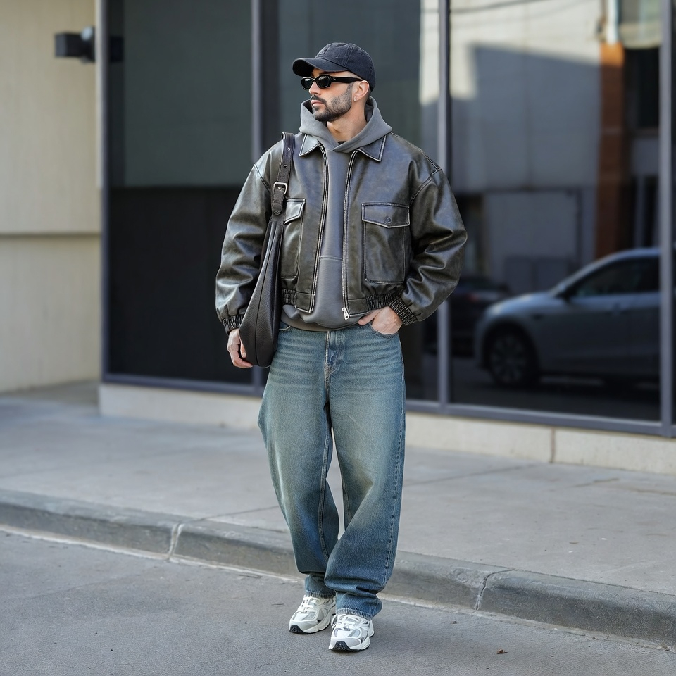 Man wearing a leather bomber over a gray hoodie with loose jeans and sporty sneakers