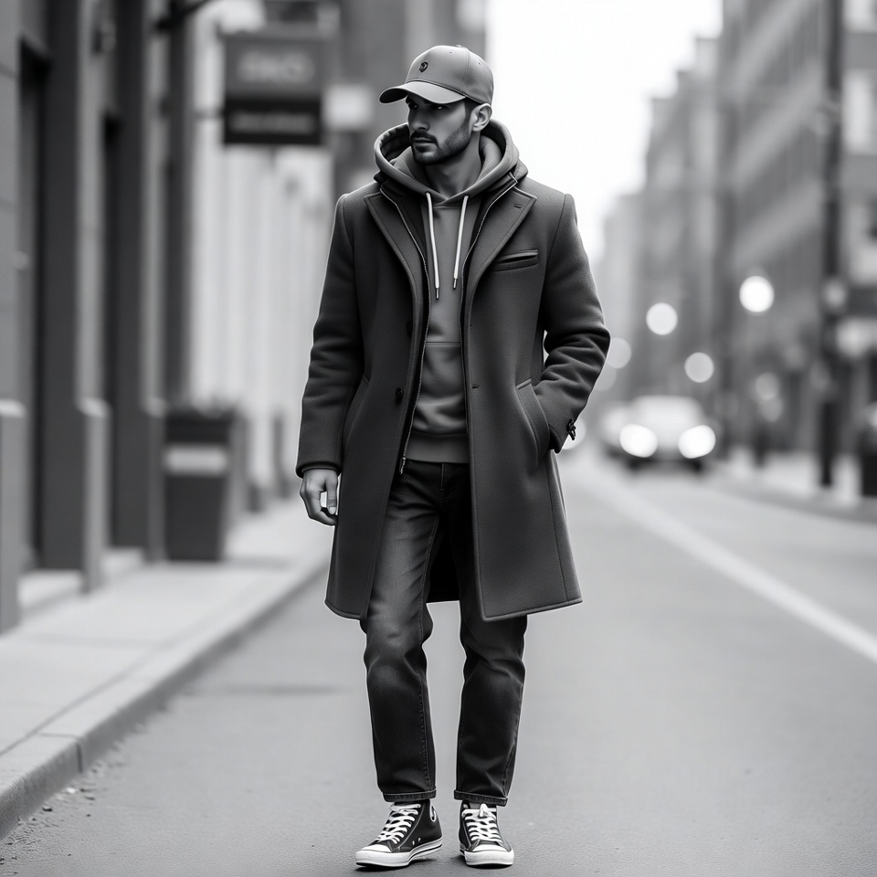 Man wearing a long coat over a hoodie with jeans and sneakers in winter street style