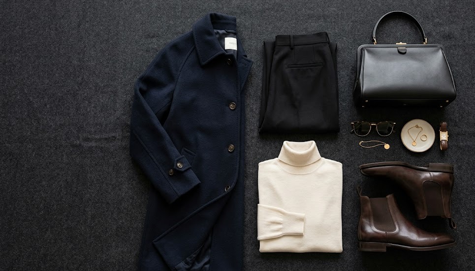 elegant New York luxury outfit essentials arranged with tailoring coat boots and structured handbag