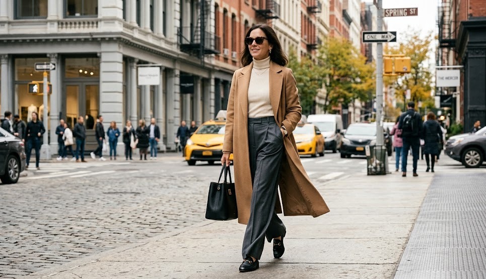 woman in a clean daytime New York luxury outfit with tailored trousers coat and loafers