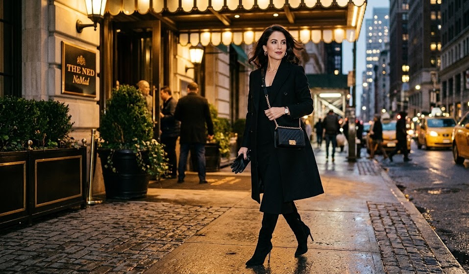 woman in a sophisticated New York evening luxury outfit with black dress tailored coat and elegant heels