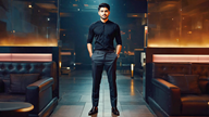 man in a sleek night party outfit with black shirt dark trousers and boot