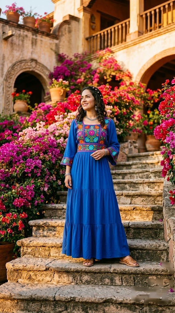 elegant maxi mexico dress for women blue