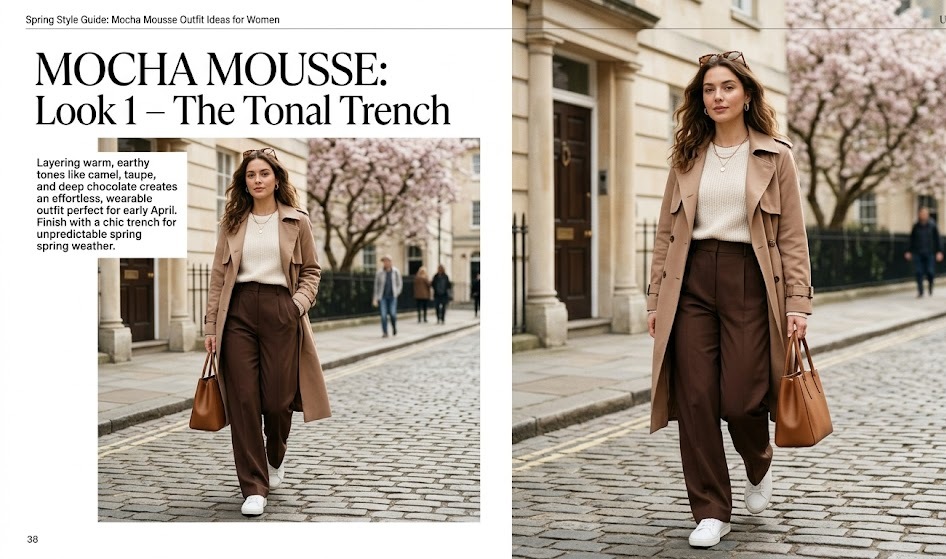mocha mousse outfit ideas for women in early april first styling look