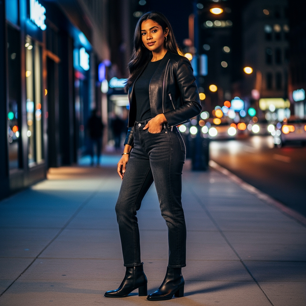 casual night outfit with dark jeans fitted top and ankle boots  image category: casual evening fashion