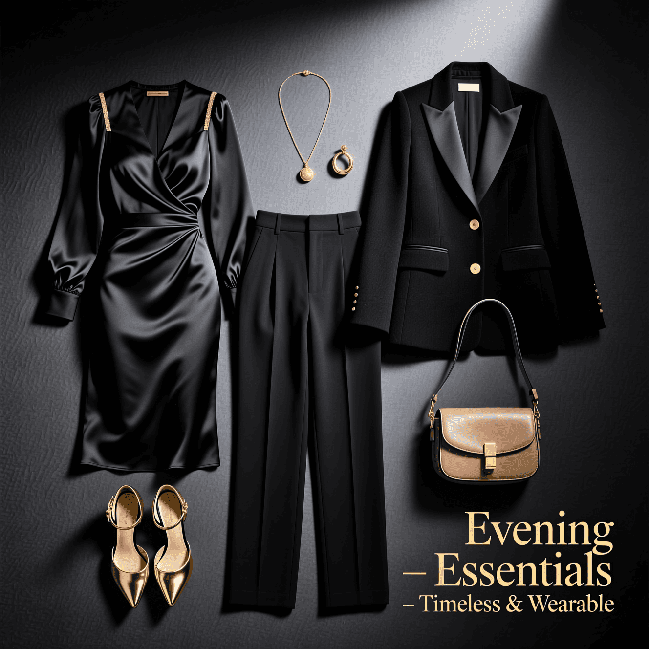 stylish evening fashion basics arranged for a polished night outfit