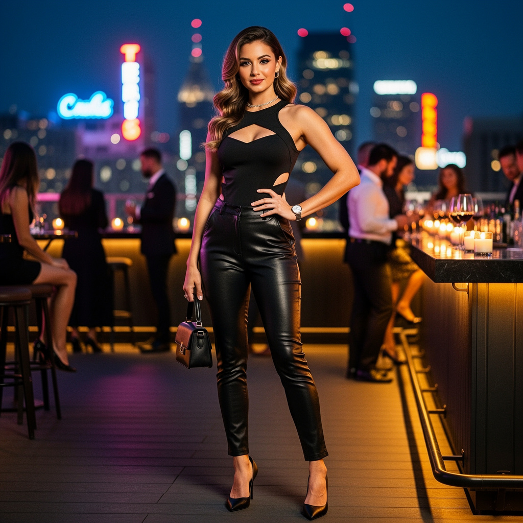 trendy girls night outfit with statement top sleek pants and heels