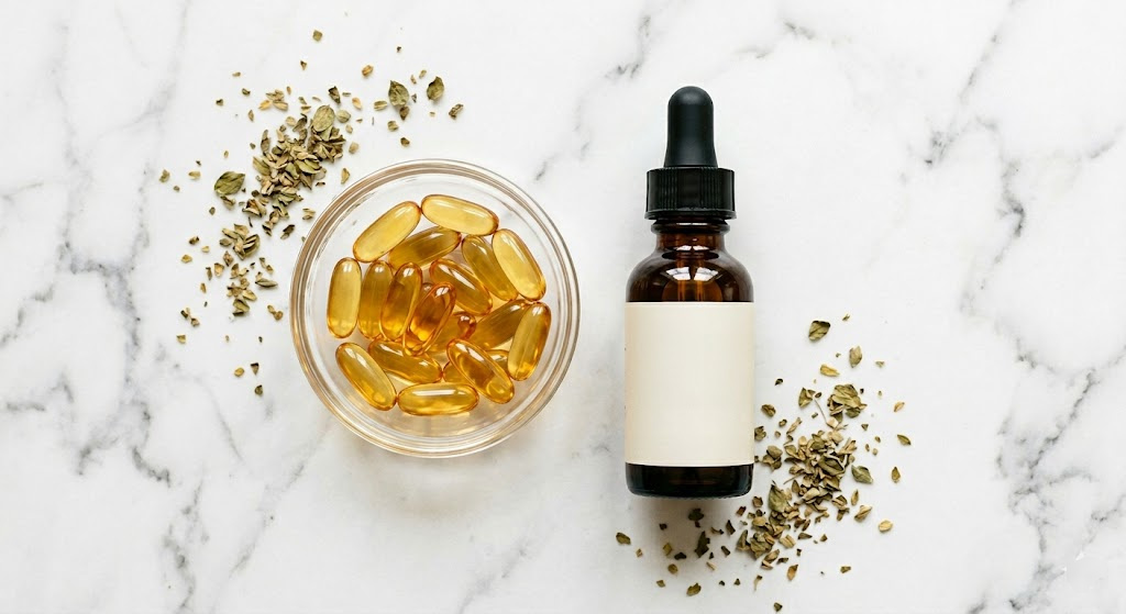 oregano oil capsules and dropper bottle