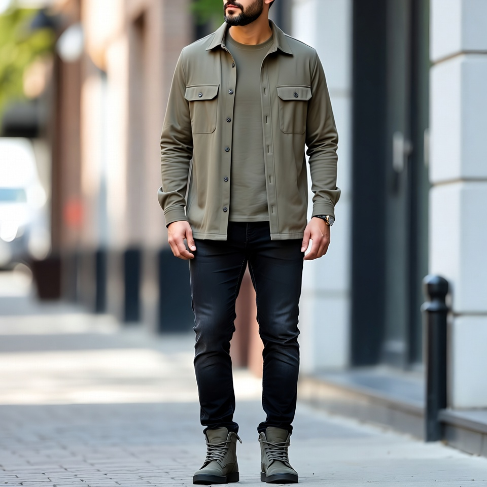 Man wearing an overshirt with plain tee, dark jeans, and clean casual shoes  image category: casual menswear