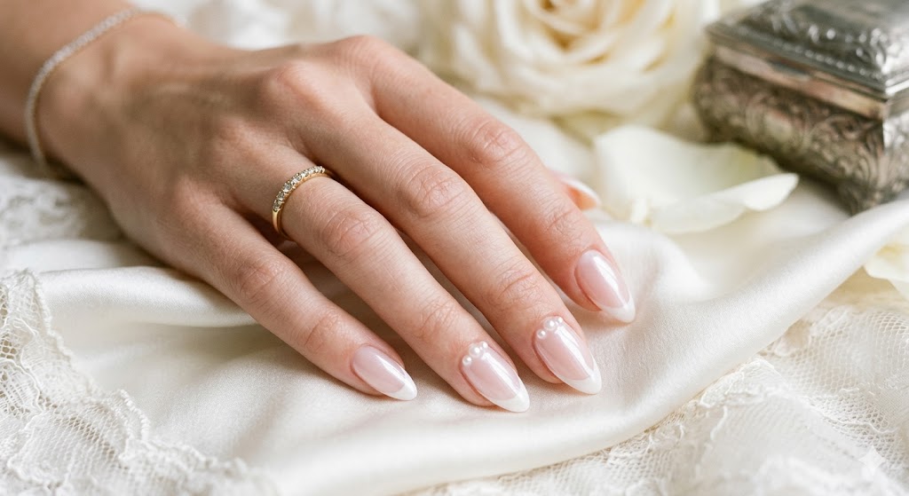 pearly French manicure with mini pearl accents on soft almond nails  image category: elegant embellished nails