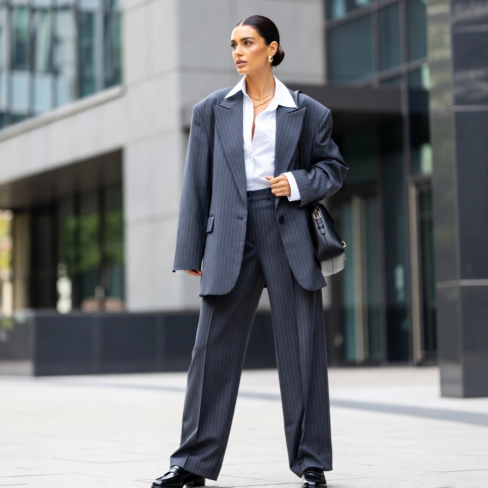 Woman wearing a pinstripe baggy suit with crisp shirt and loafers - image category: office tailoring