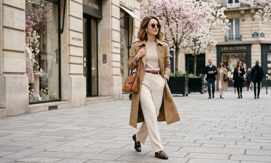 April outfit with trousers blazer and loafers