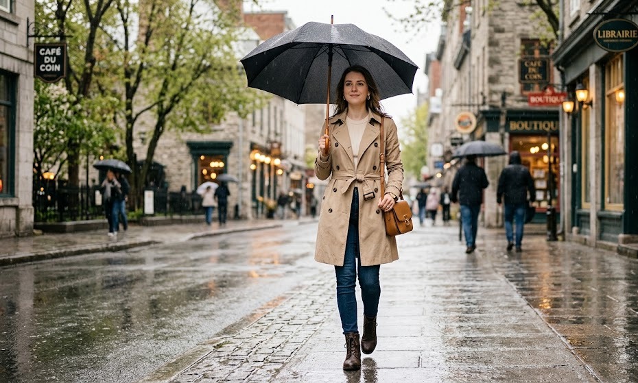 : rainy day April outfit with trench coat and ankle boots