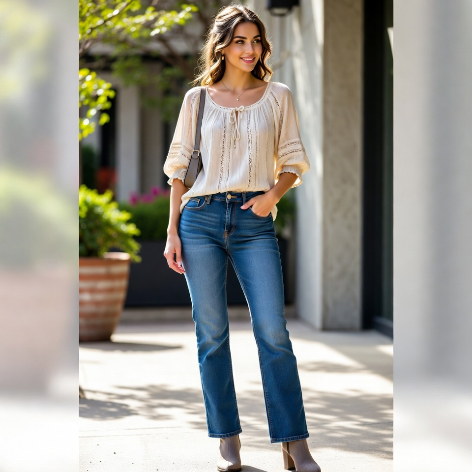 Woman wearing a romantic blouse with straight-leg jeans and heeled boots