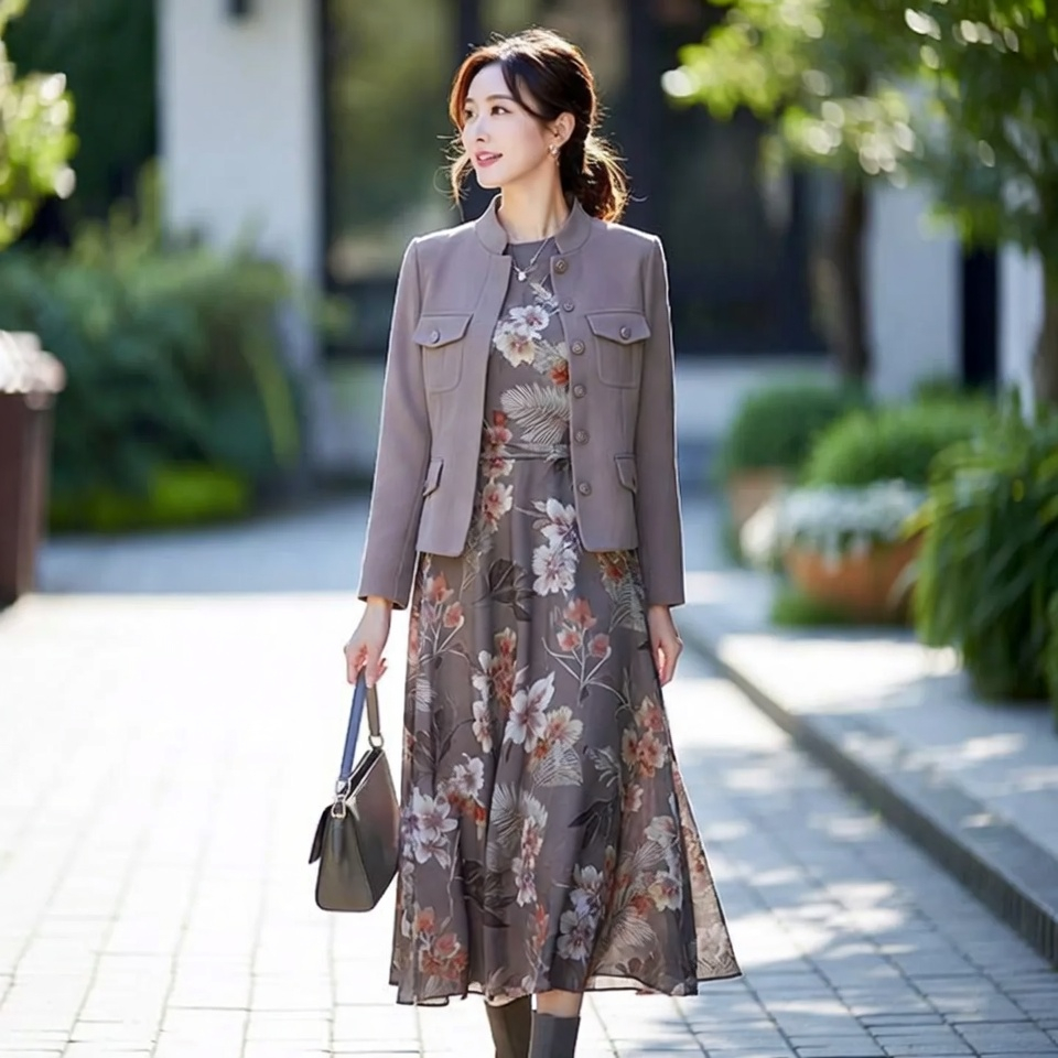 Woman wearing a floral midi dress with a structured jacket and ankle boots