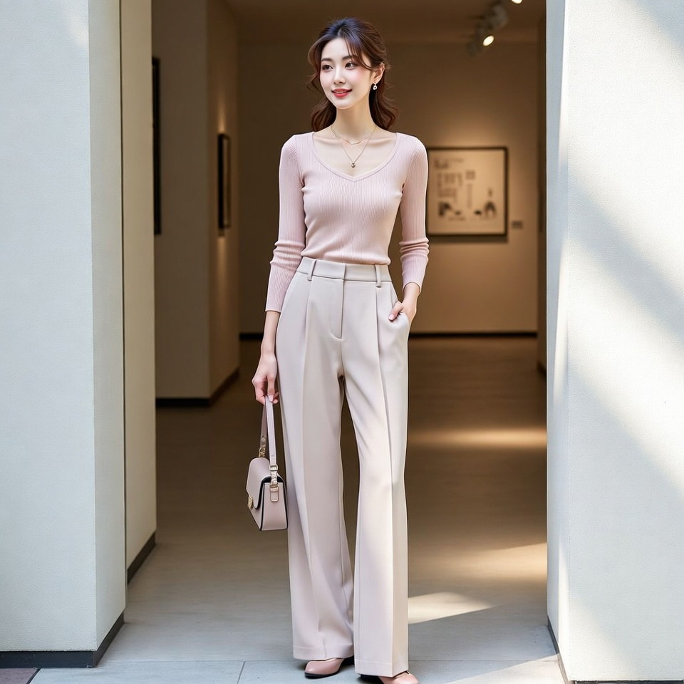 Woman wearing a delicate knit top with wide-leg trousers and ballet flats