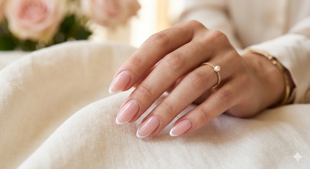 Sheer pink micro French manicure with glossy finish on almond nails  image category: minimalist romantic nails