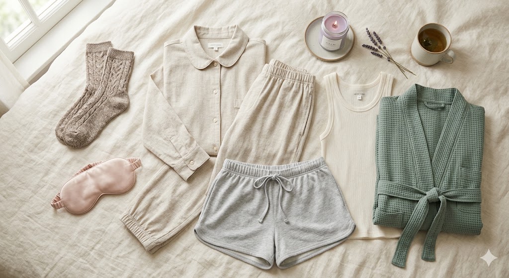 soft sleepwear essentials arranged neatly to show breathable and comfortable bedtime clothing