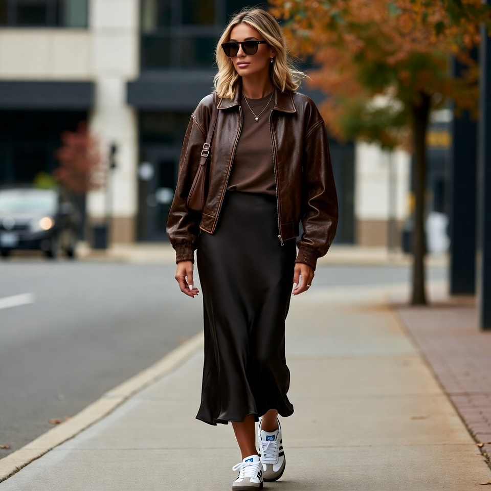 Woman wearing a slip skirt with fitted T-shirt, brown leather jacket, and Adidas Sambas