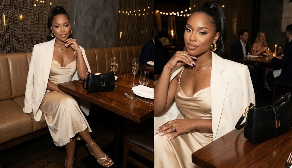 soft gold outfit ideas for women for dinner first styling look