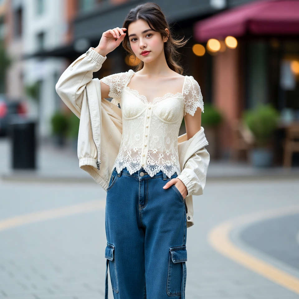 Woman wearing a soft romantic Gen Z outfit with lace detail top and relaxed denim