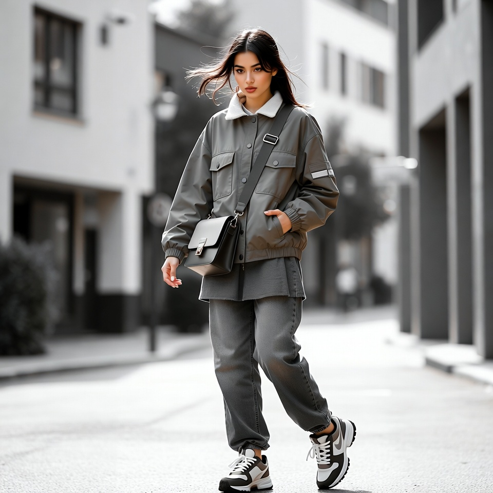 Woman wearing a sporty Gen Z outfit with jacket, casual bottoms, and trendy sneakers