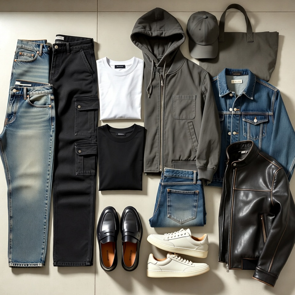 Men’s street style wardrobe basics with jeans, hoodie, bomber, sneakers, cap, and bag