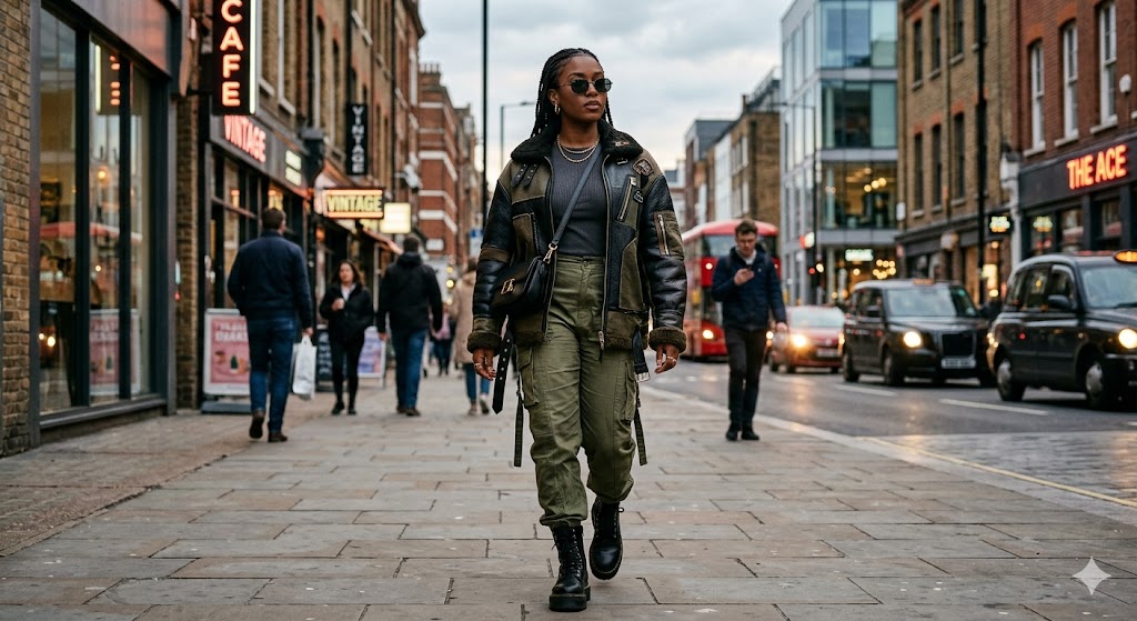 woman in a bold but wearable celebrity street style outfit with statement jacket and sleek basics