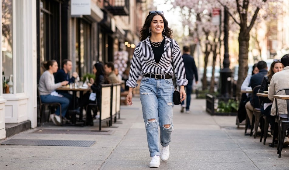 stripe shirt outfit ideas for women in spring first styling look
