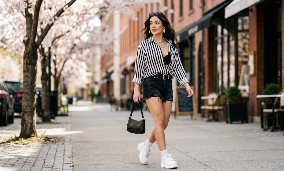 stripe shirt outfit ideas for women in spring fourth styling look