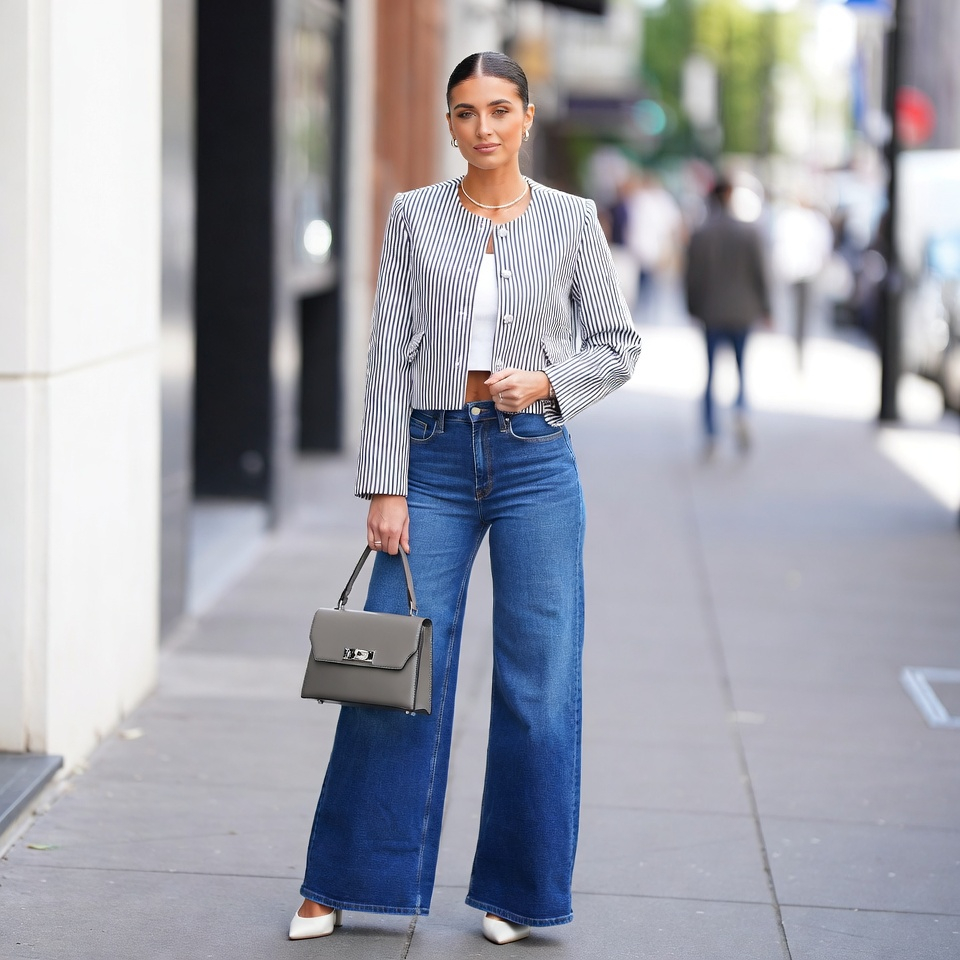 Woman wearing a striped cropped jacket with wide-leg jeans and white shoes in a polished spring outfit