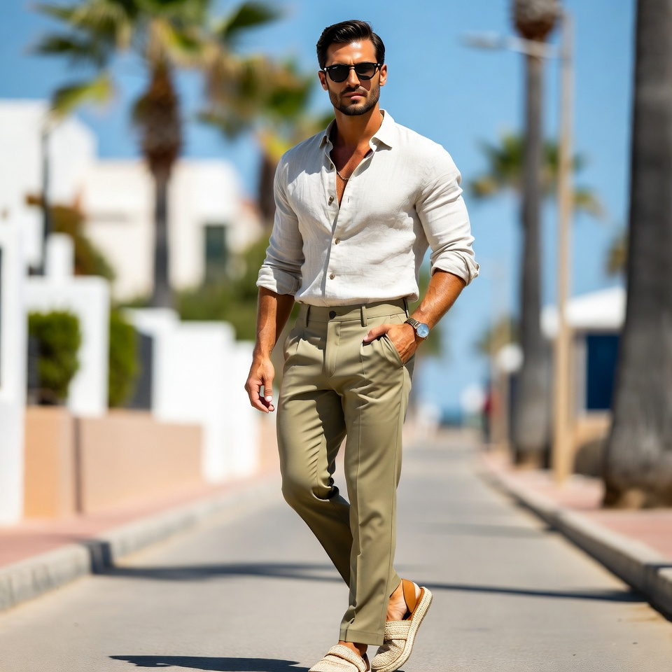 Man wearing a linen shirt with lightweight trousers and sandals in a summer setting