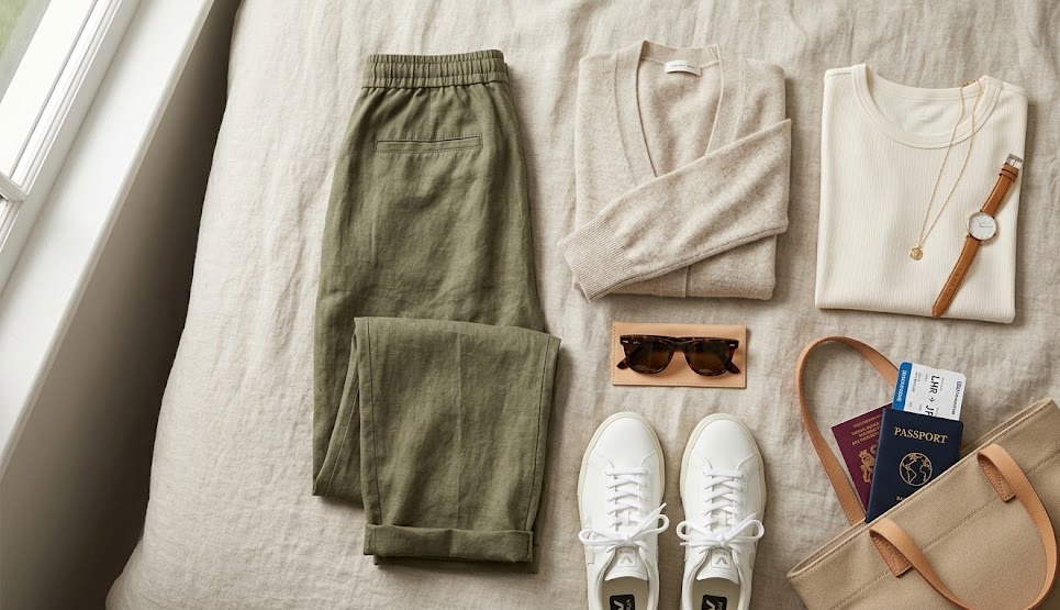 essential travel outfit pieces arranged to show comfortable and stylish clothing for travel days